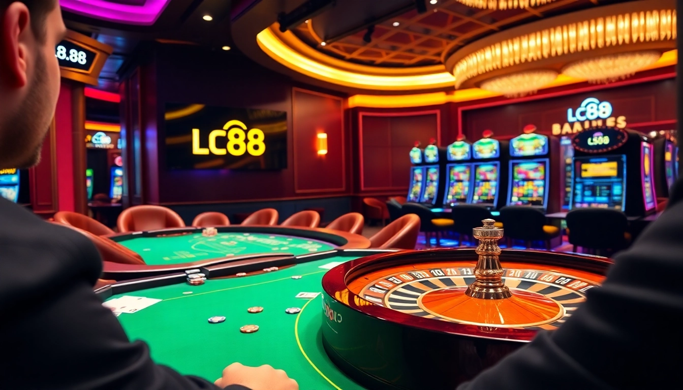 Engaging scene of players enjoying a game at LC 88 casino tables, capturing excitement and elegance.