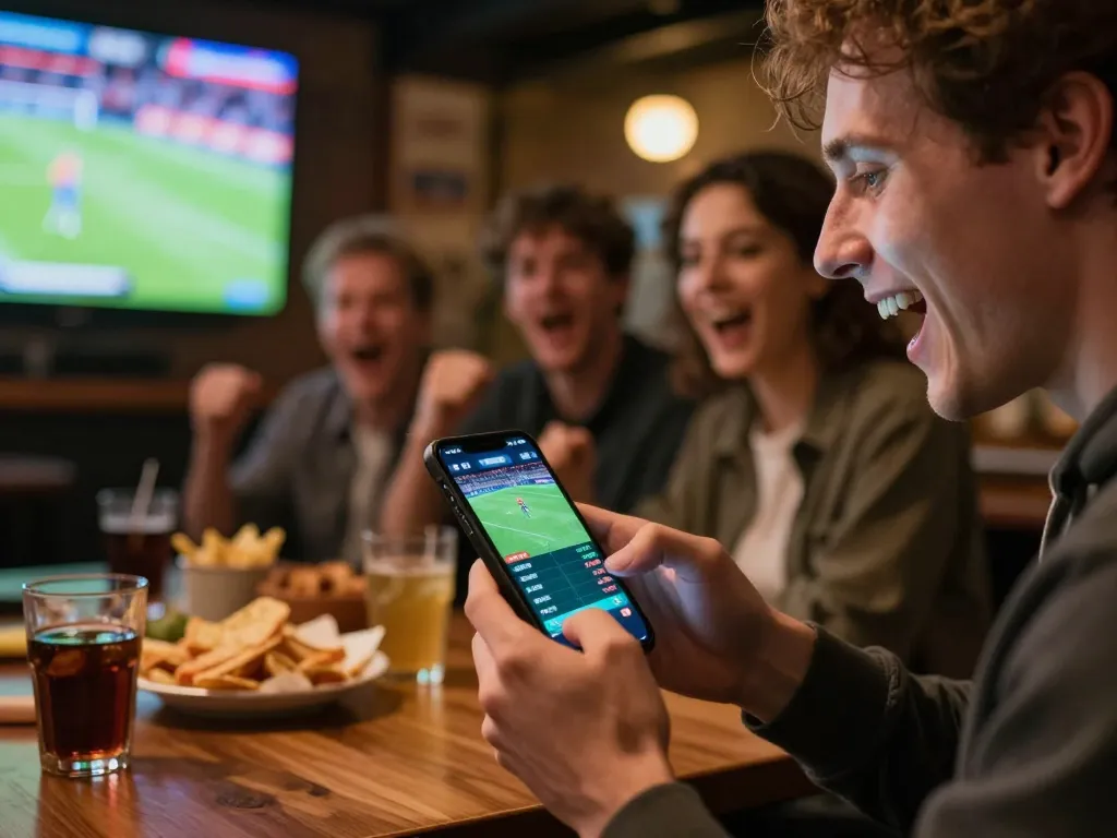 Exciting sports betting moment with 1gom smartphone app capturing live odds in a vibrant social setting