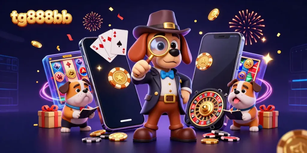 Engage with tg888bb's thrilling casino adventure through 3D cartoon detective-themed illustration.