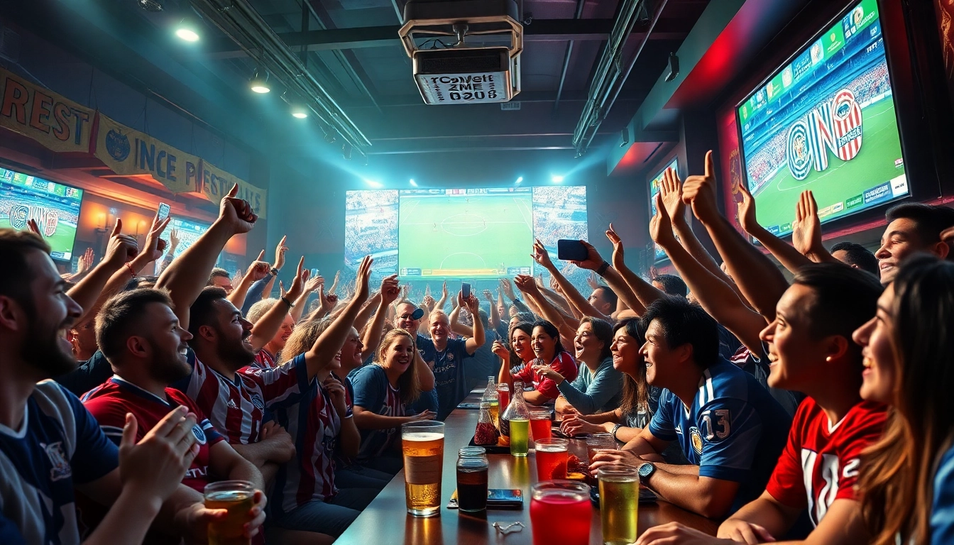 Excited fans watching a live football match together at joemadfan.com, showcasing the vibrant sports culture.