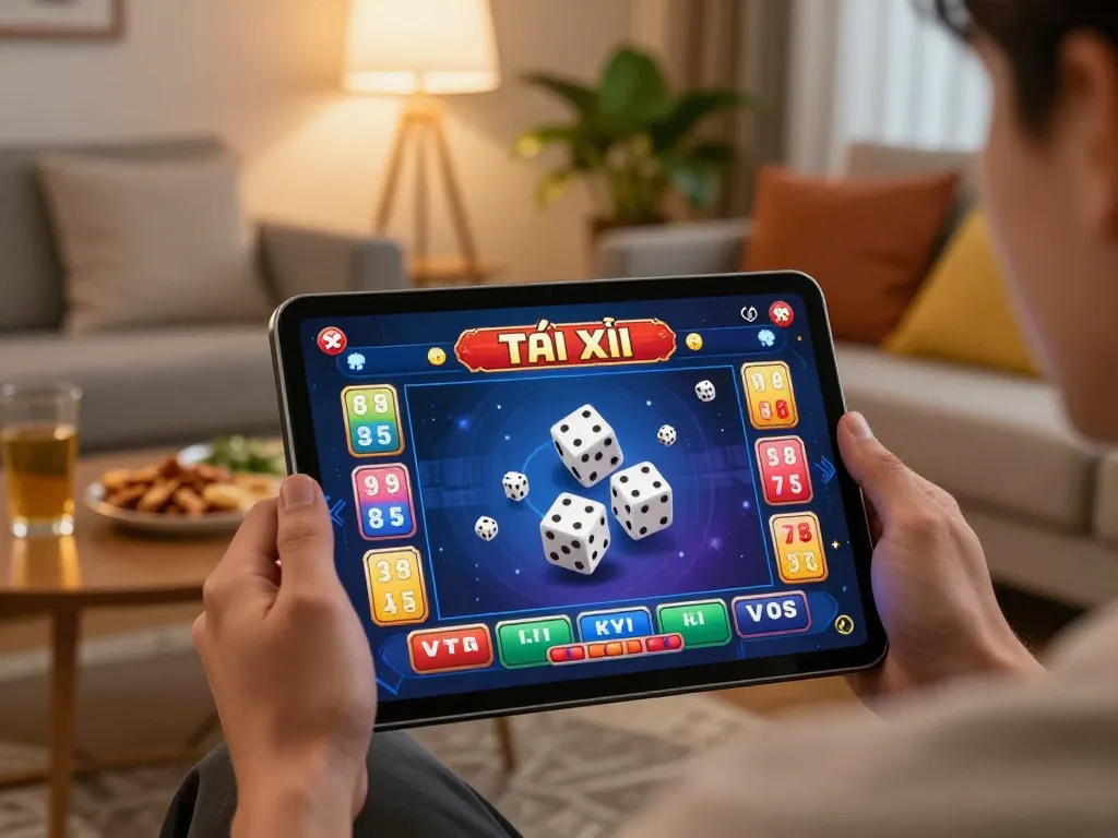 Tài Xỉu online gaming scene on tablet, showcasing player engagement at home, taixiuonlinego