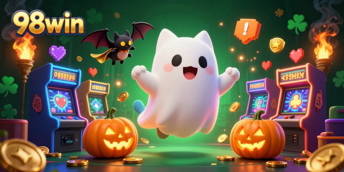Join the excitement at 98win as you play and win in this vibrant haunted casino scene with mystical characters.