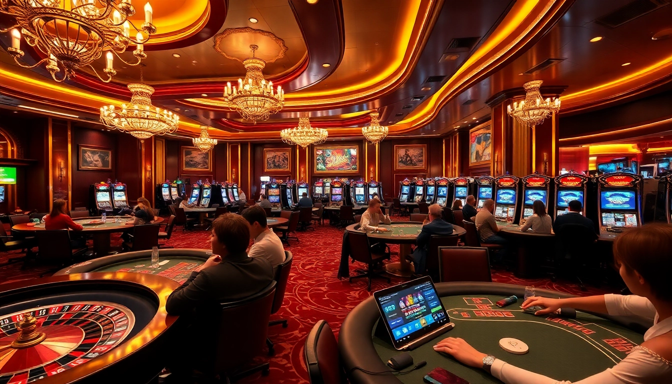 Experience excitement at https://rr88c.org/ with players enjoying a luxurious casino atmosphere filled with slot machines and tables.
