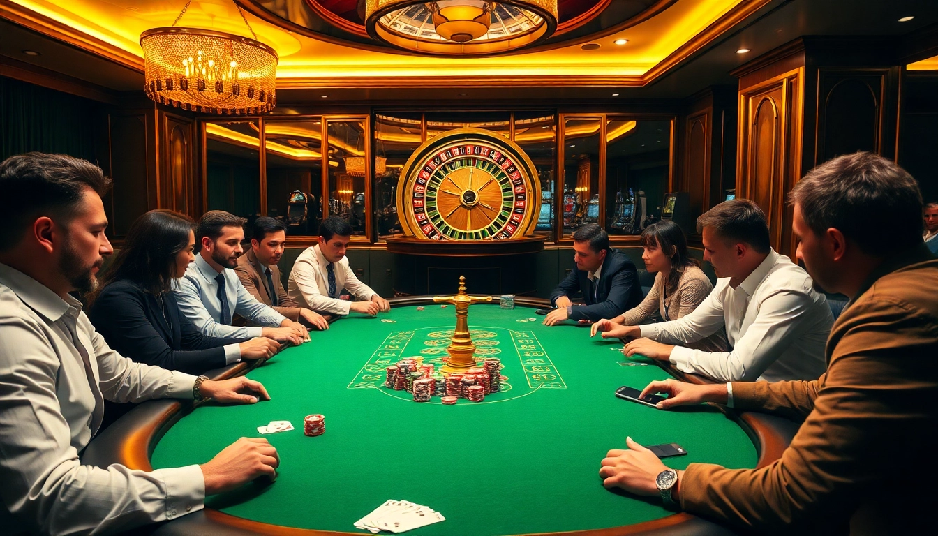 Experience the excitement at https://kjc.football/ with diverse players engaged around a vibrant poker table in a luxurious casino.