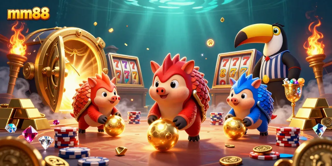 Engaging mm88 casino illustration showcasing rival pangolins amid treasure and exciting slots.