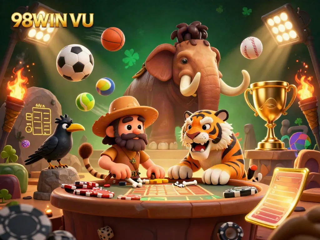 Experience thrilling gameplay with 98WIN VU's vibrant character-rich casino scene featuring sports betting elements and unique animated effects.