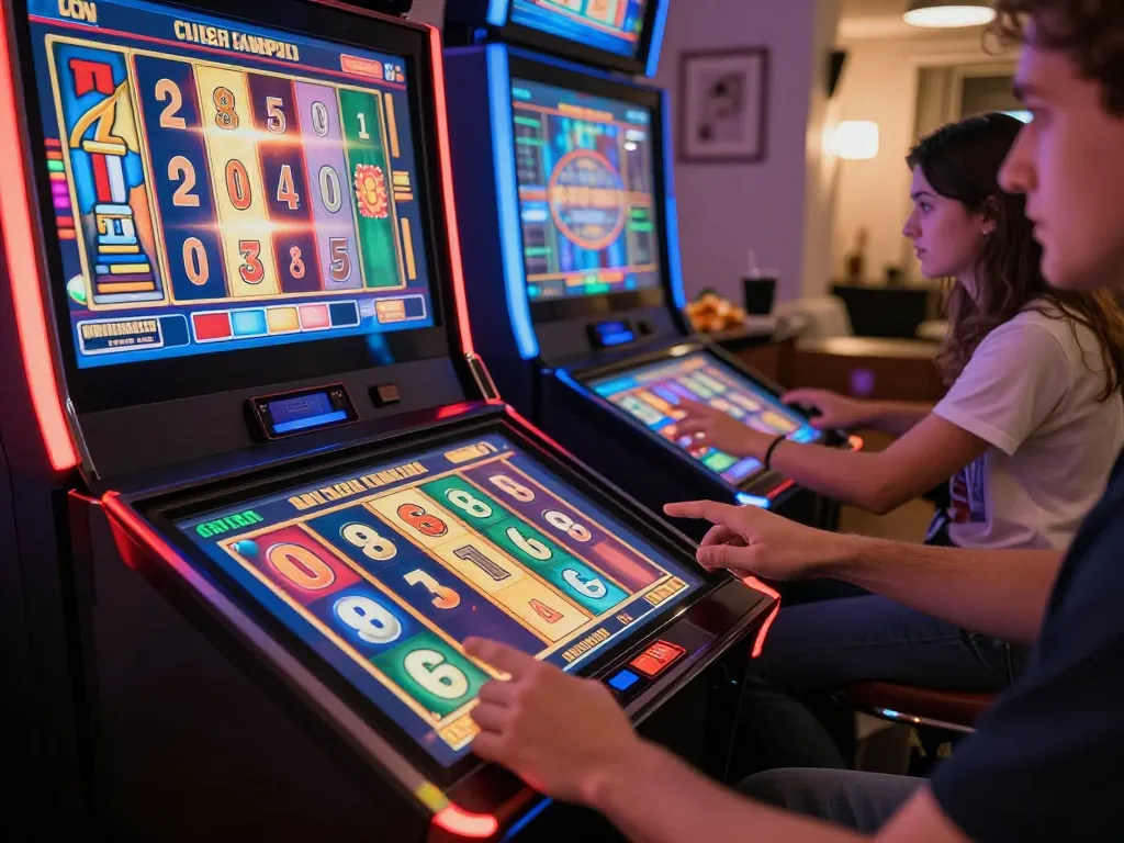 Engaging gameplay at link slot gacor online, close-up of fingers spinning colorful reels.