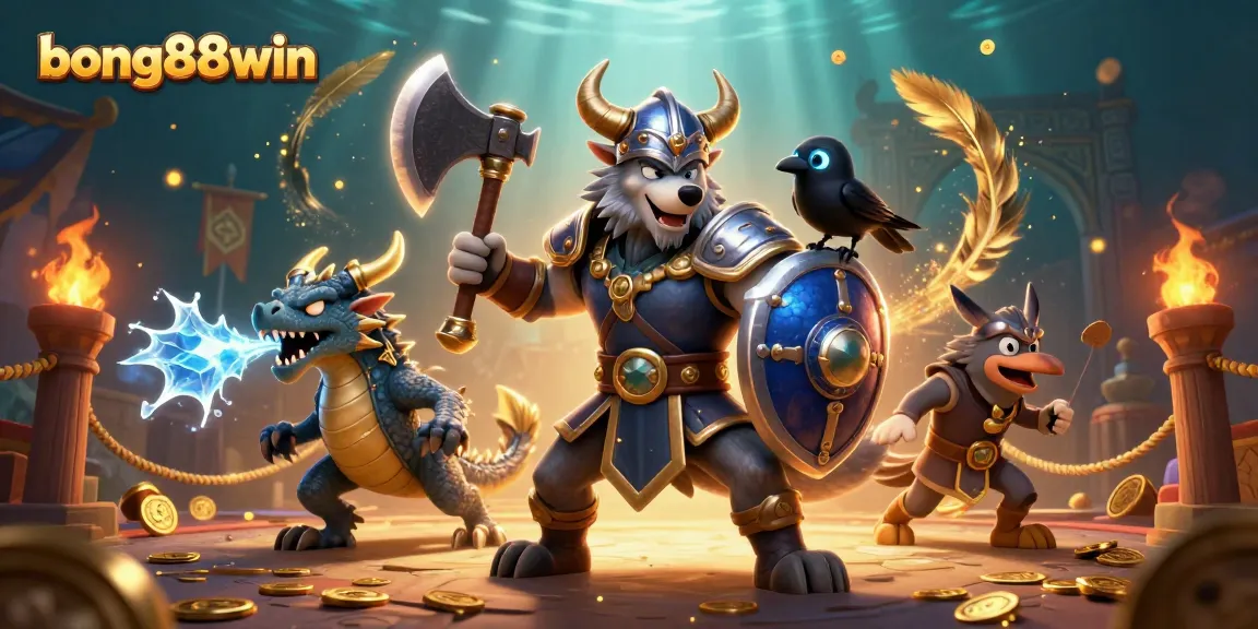 Engage in epic battles with bong88win at this vibrant online casino scene featuring majestic characters.