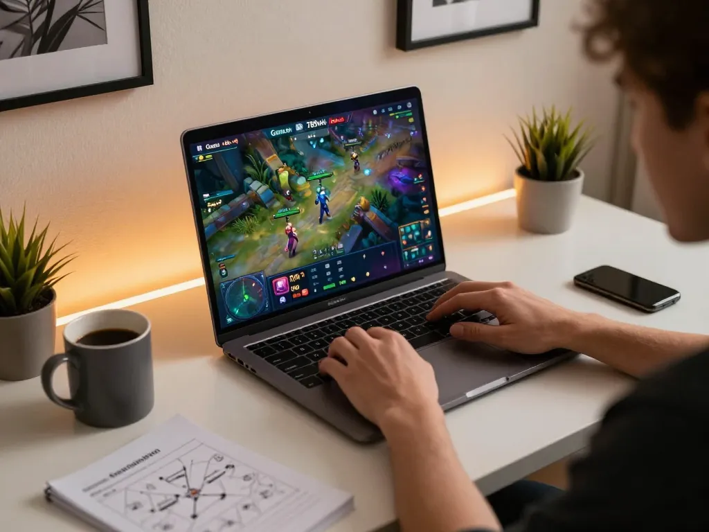 Engaging in Game 789win on a sleek laptop with coffee and strategy notes