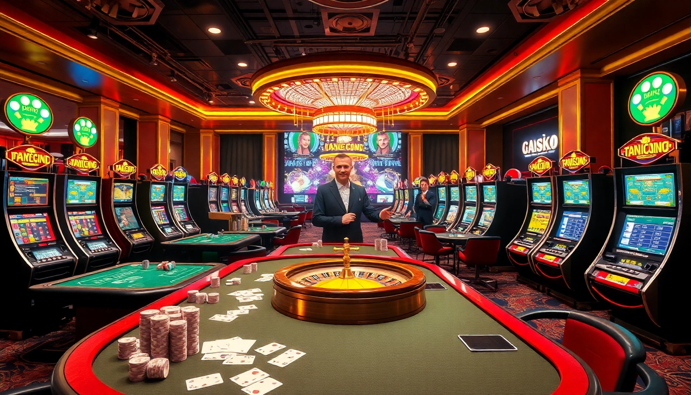 A dynamic casino scene capturing the essence of 789f lừa đảo with players enjoying poker and roulette in a vibrant atmosphere.