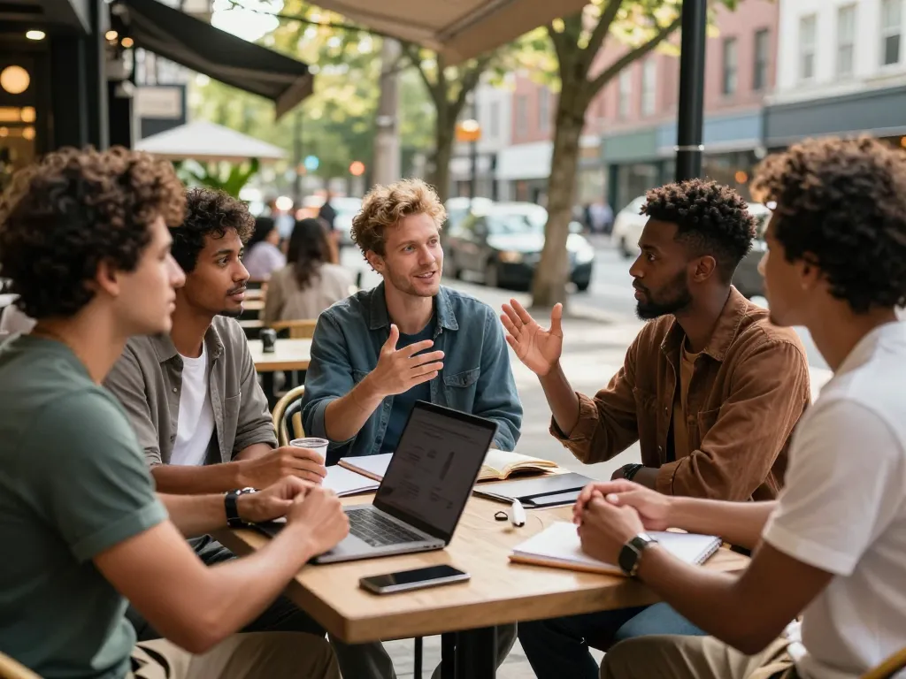 A diverse group of men discussing at a café embodying the community spirit of manclub.