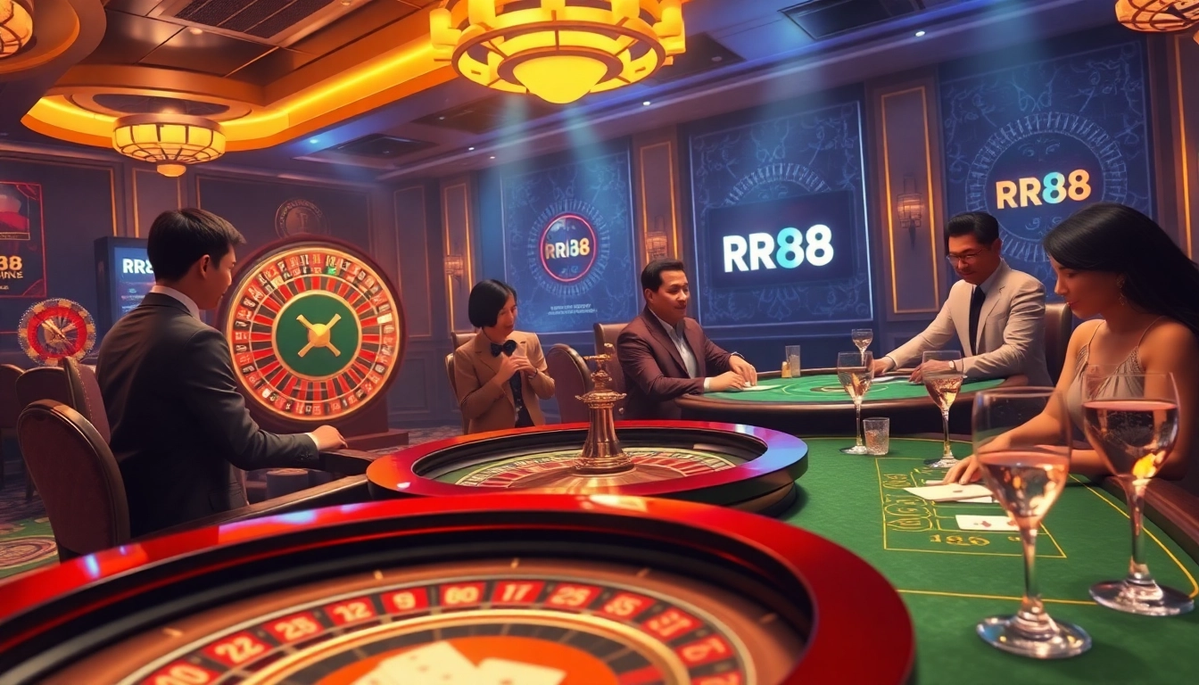 Players engaging at the RR88 themed casino tables, showcasing excitement and thrilling gameplay.