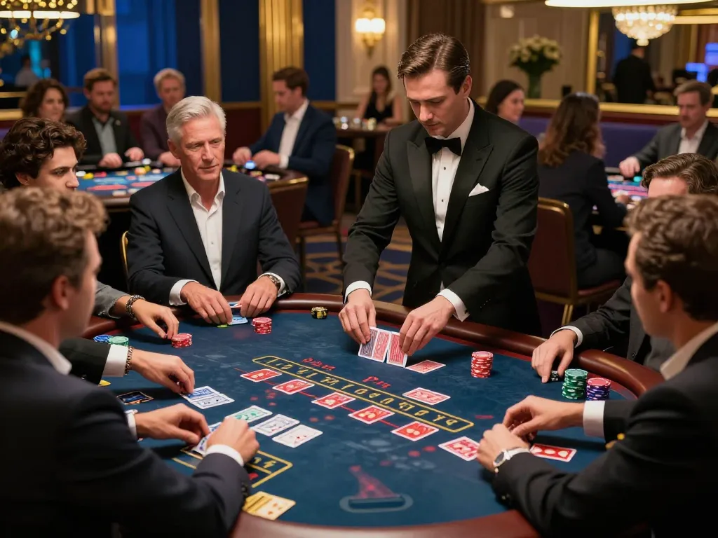 Players strategizing at fly88mx blackjack table in a luxurious casino atmosphere.