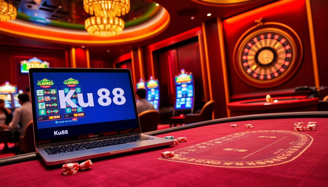 Engaging players enjoying the thrills of Ku88 at a vibrant casino table with poker chips and cards.