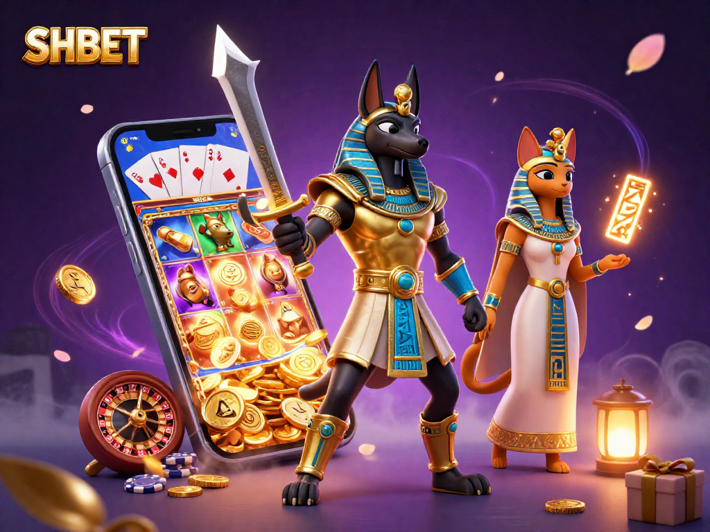 Engage with SHBET's thrilling gaming world featuring an Anubis warrior and casino excitement.