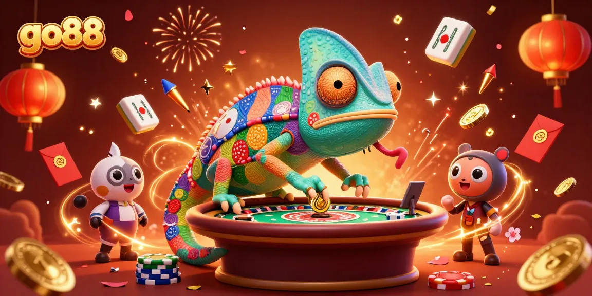 Engage with go88's thrilling casino scene featuring a chameleon owner and festive elements.