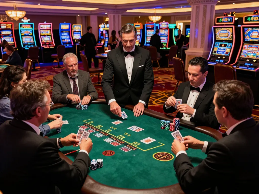 KUBET blackjack table scene with players strategizing their moves amidst vibrant casino atmosphere.