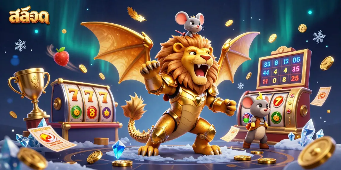Experience thrilling สล็อต jackpots with unique 3D chimeras and vibrant casino elements in this captivating illustration.