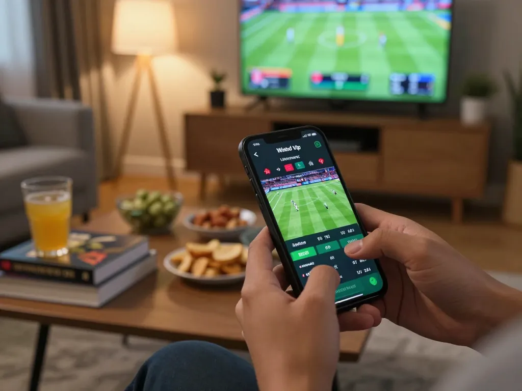 Placing bets using the Winbd Vip app in a cozy home setting, enhancing the sports betting experience.