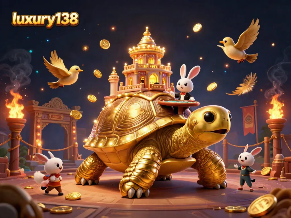 Experience exciting gameplay at luxury138 with a giant golden tortoise casino scene.