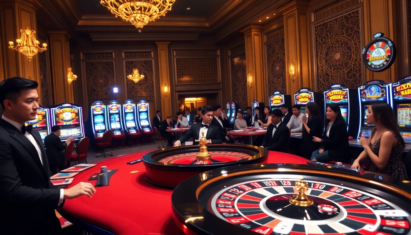 Casino excitement at typhu88 with players enjoying roulette and slot machines.