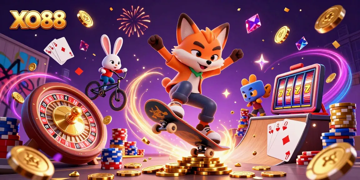 Experience thrilling gaming adventures with XO88 featuring a skateboarder fox and BMX rabbit in a vibrant casino scene.