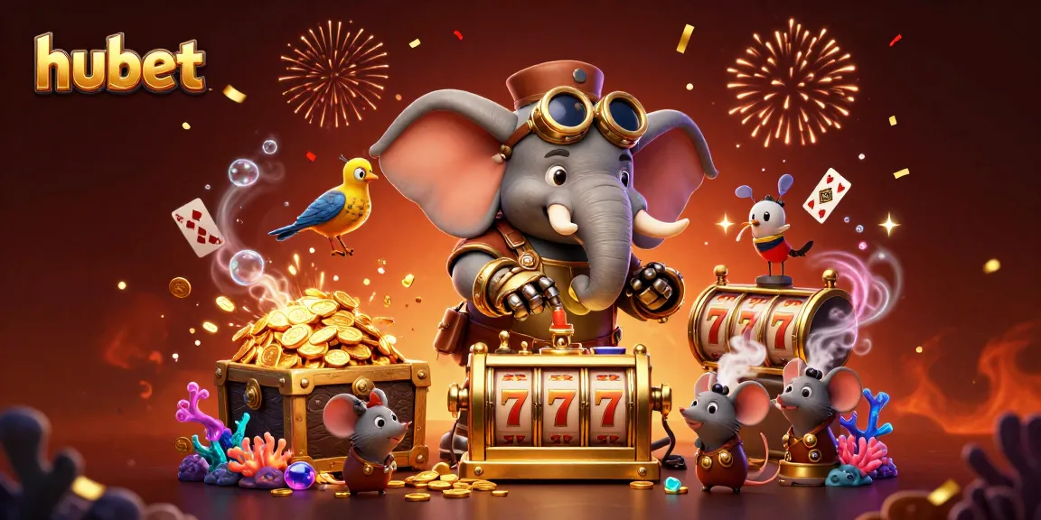 Spin the hubet golden slot machine with a steampunk elephant and treasures bursting forth!