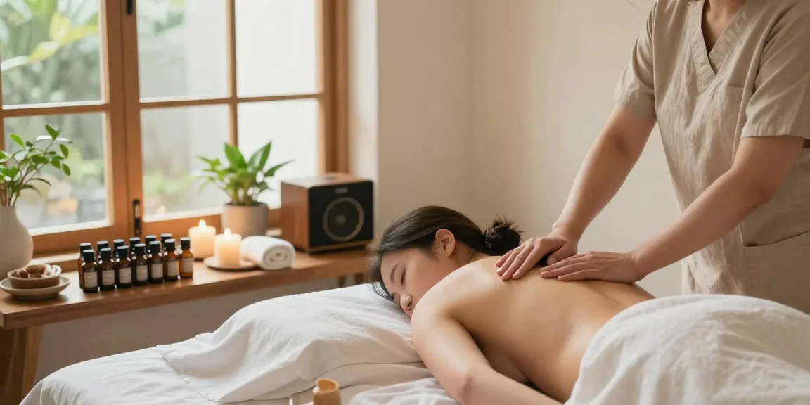 Relaxing 창동출장안마 spa scene showcasing a peaceful massage therapy environment with essential oils and soothing atmosphere.