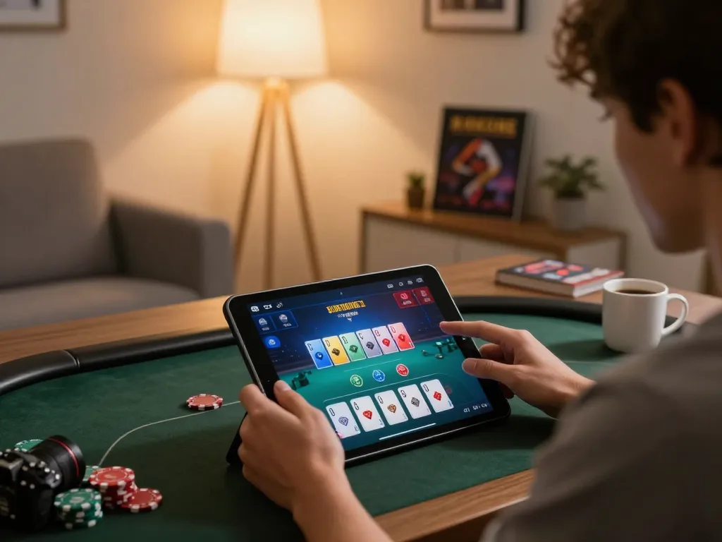Engaging gameplay on a sun win online poker tablet in a cozy home setting.