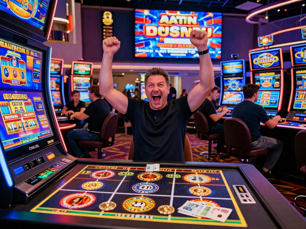 Excited player celebrating a jackpot win at a non-UK casino, showcasing gaming flexibility and thrill at https://ghsc.co.uk.