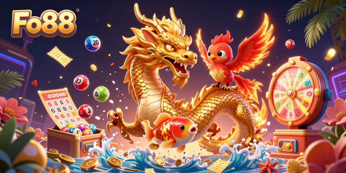 Experience the thrilling world of Fo88 with an exciting 3D illustration of a dragon, phoenix, and koi fish.