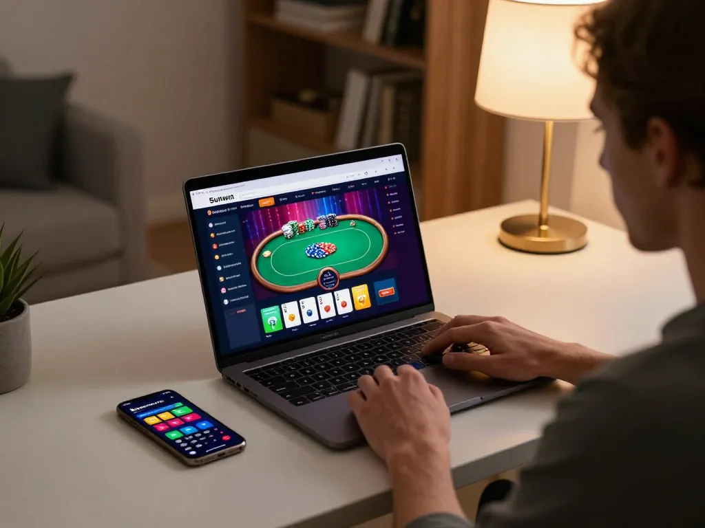 Engaging in online gambling on Sunwin with a laptop and smartphone in a cozy home environment