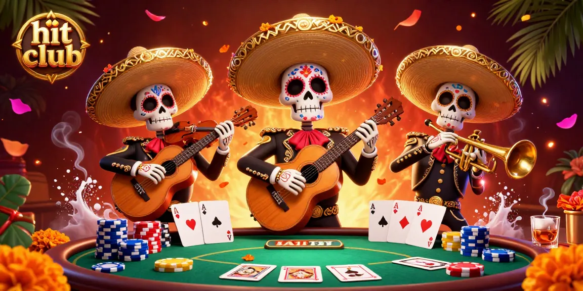Engage in thrilling poker action at hit club with vibrant mariachi skeletons and colorful game elements.