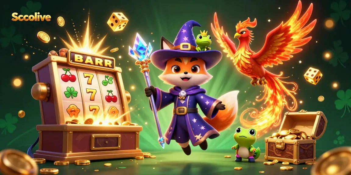 Socolive captivates audiences with an interactive scene of a mystical fox wizard and a flaming phoenix amid a slot machine explosion.