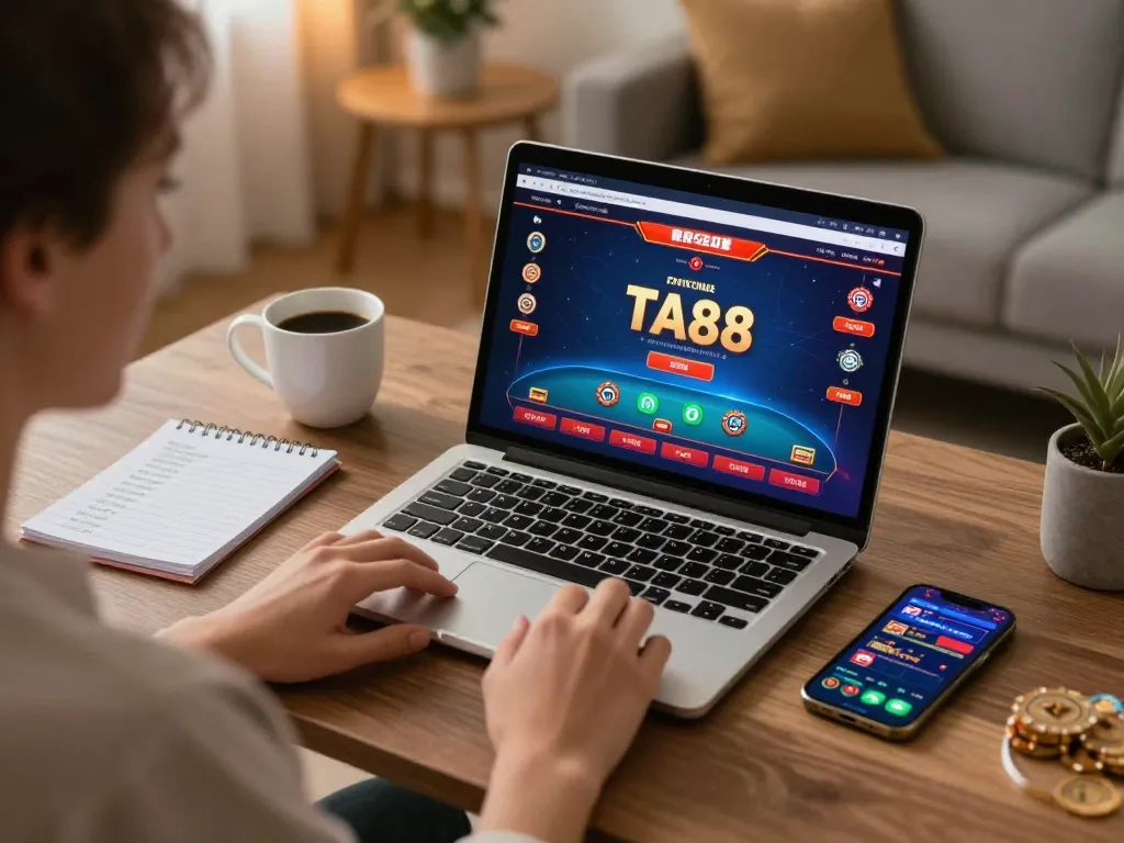 Engaged in TA88 online poker, a player uses a laptop at home with vibrant game interface.