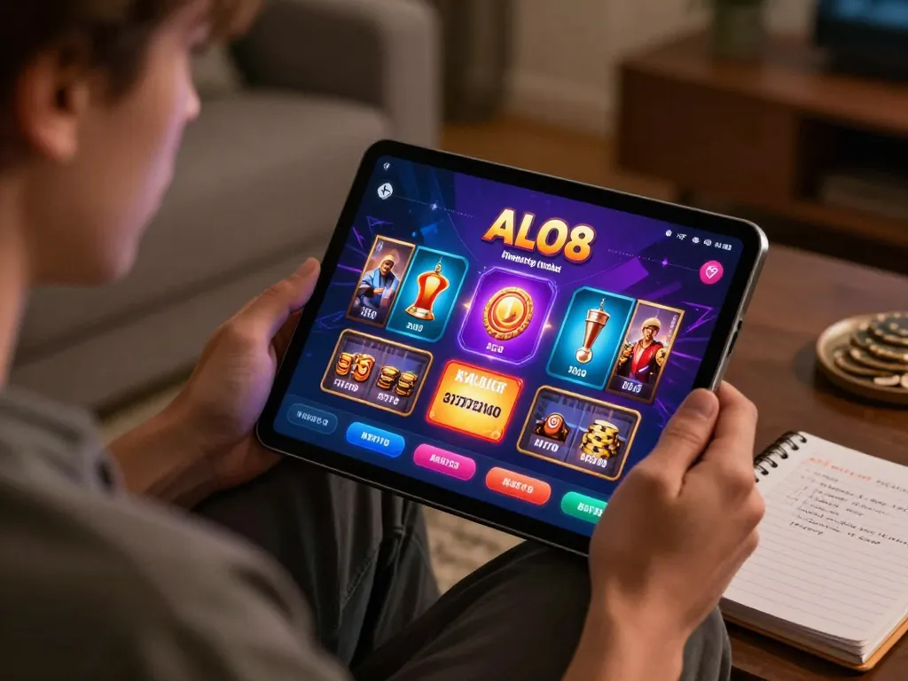 Person enjoying ALO8 online casino game on a tablet, emphasizing strategy and responsible gaming practices.