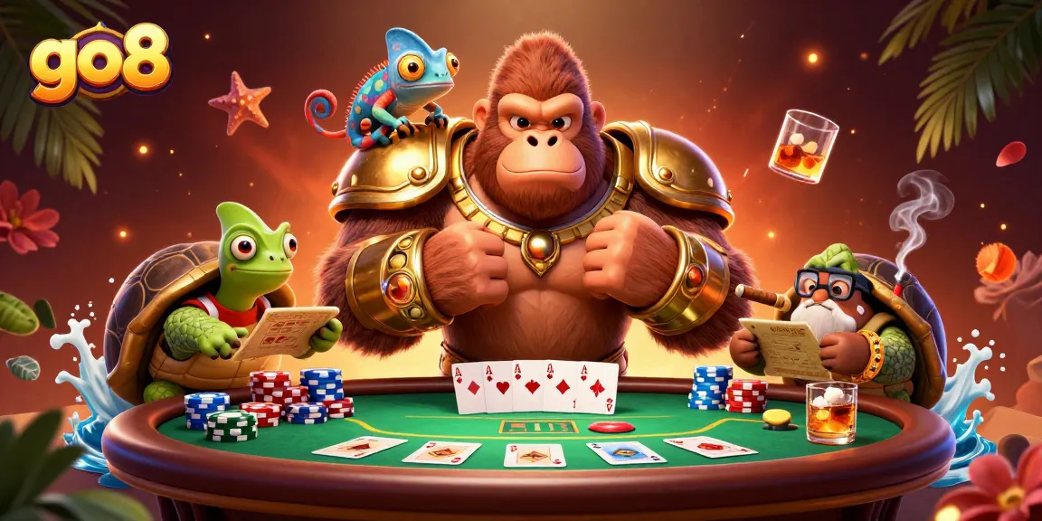 Experience the excitement at go8 with a powerful gorilla, chameleon, and tortoise at a vibrant poker scene.