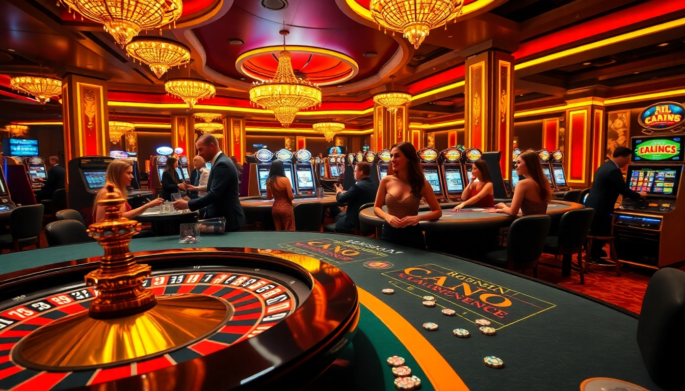 A stunning casino scene with patrons enjoying roulette and poker, showcasing newphim's vibrant gambling atmosphere.