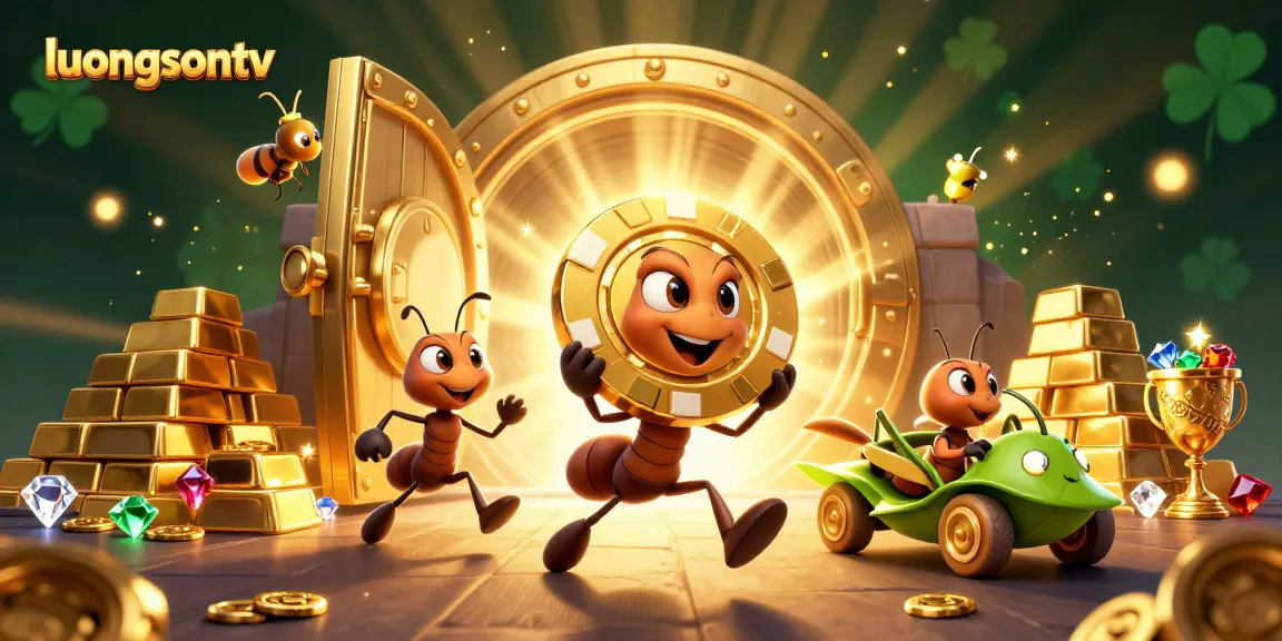 Experience the excitement of luongsontv with a vibrant heist scene featuring cartoon ants and casino treasures.