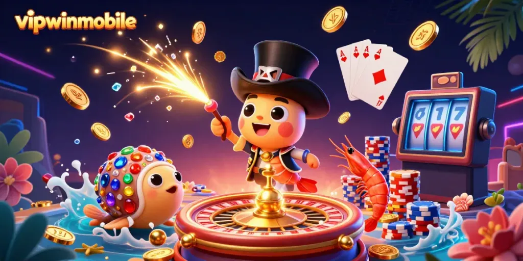 Engage in thrilling gaming action at vipwinmobile with animated characters amidst vibrant casino elements.