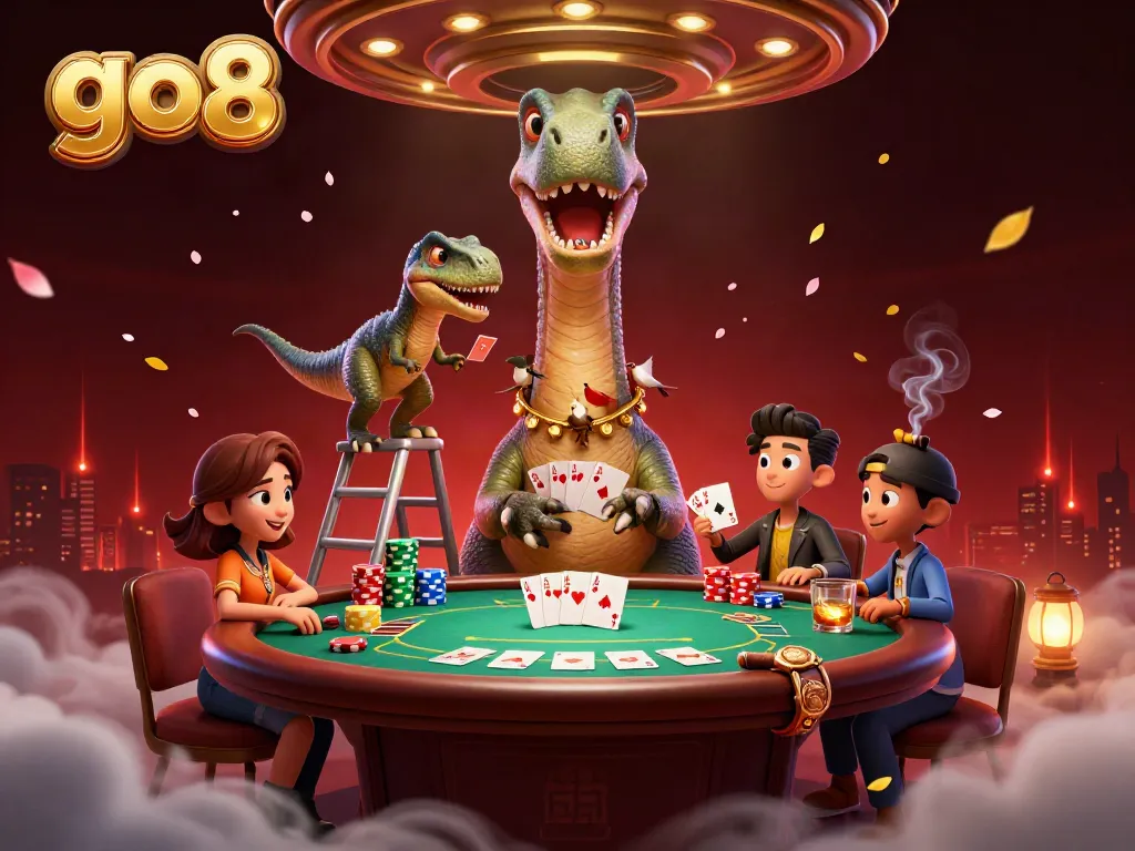 Experience thrilling poker action at go8 as a brontosaurus towers over the game, adding whimsical excitement.
