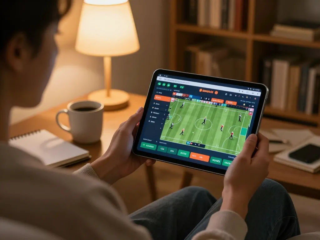 Engaging in keo nha cai sports betting on a tablet in a cozy home atmosphere.