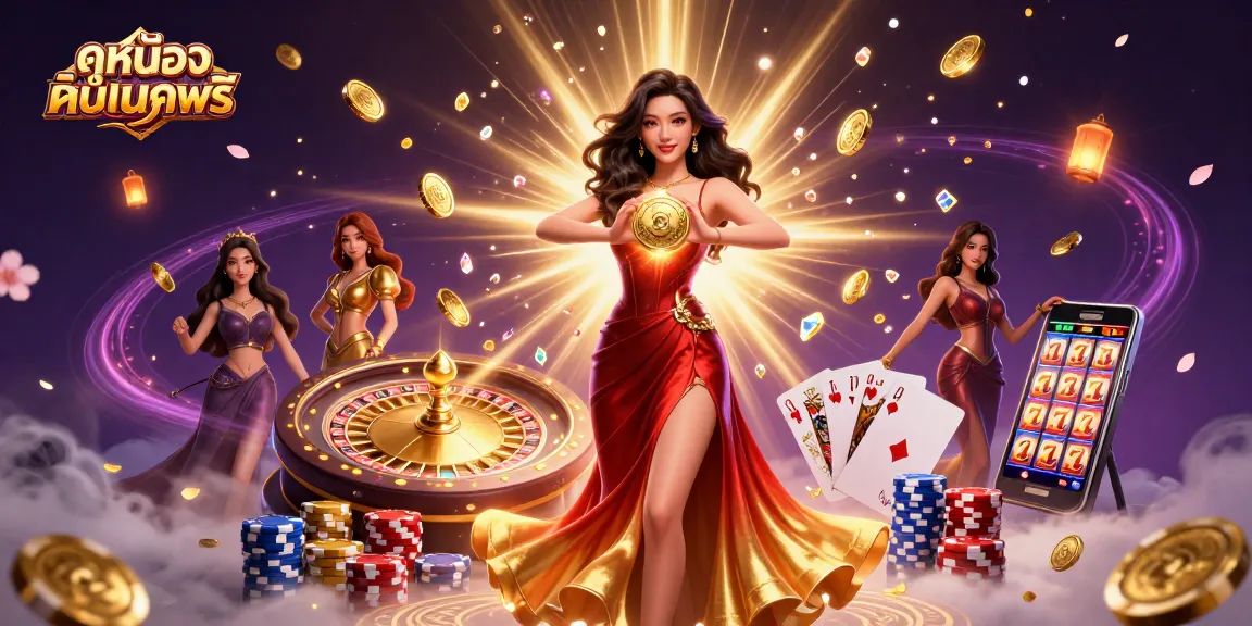 Experience ดูหนังออนไลน์ฟรี with a stunning 3D casino scene featuring coins, cards, and jackpots.