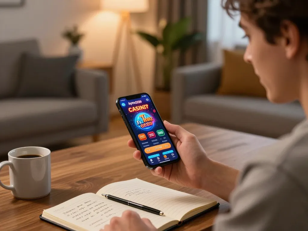 Engaging user enjoying the hytw3339 online casino on their smartphone at home, focusing on gaming strategy