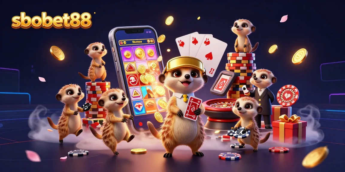 Engage with sbobet88 in a vibrant casino scene featuring meerkats managing games and sneaking chips.