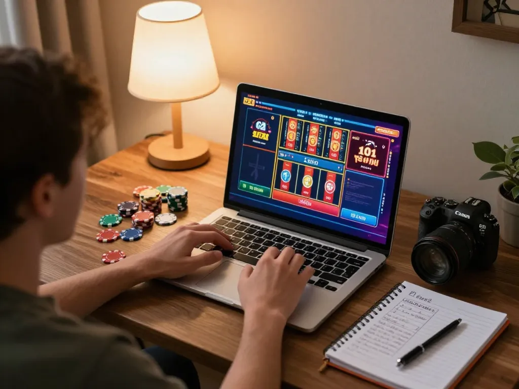Player enjoying a vibrant online casino experience with god55 on a laptop, showcasing dynamic gameplay.