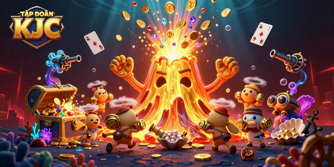 Engage with TẬP ĐOÀN KJC's vibrant gaming world featuring a golden volcano and treasures.