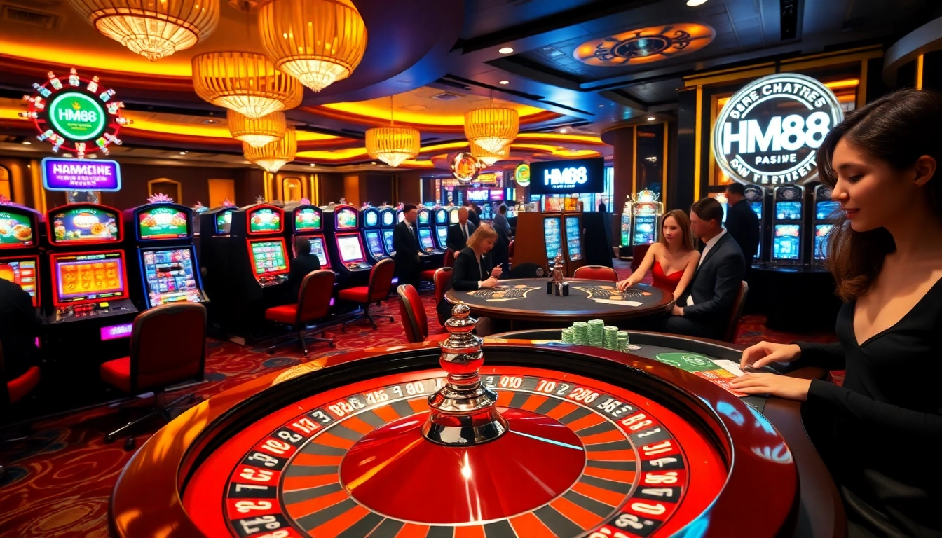 Experience thrill at HM88 casino with vibrant gaming, roulette wheel, and elegant patrons.
