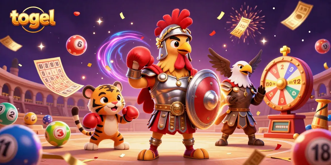 Engage with togel gaming, featuring vibrant lottery balls and a colosseum backdrop showcasing action.