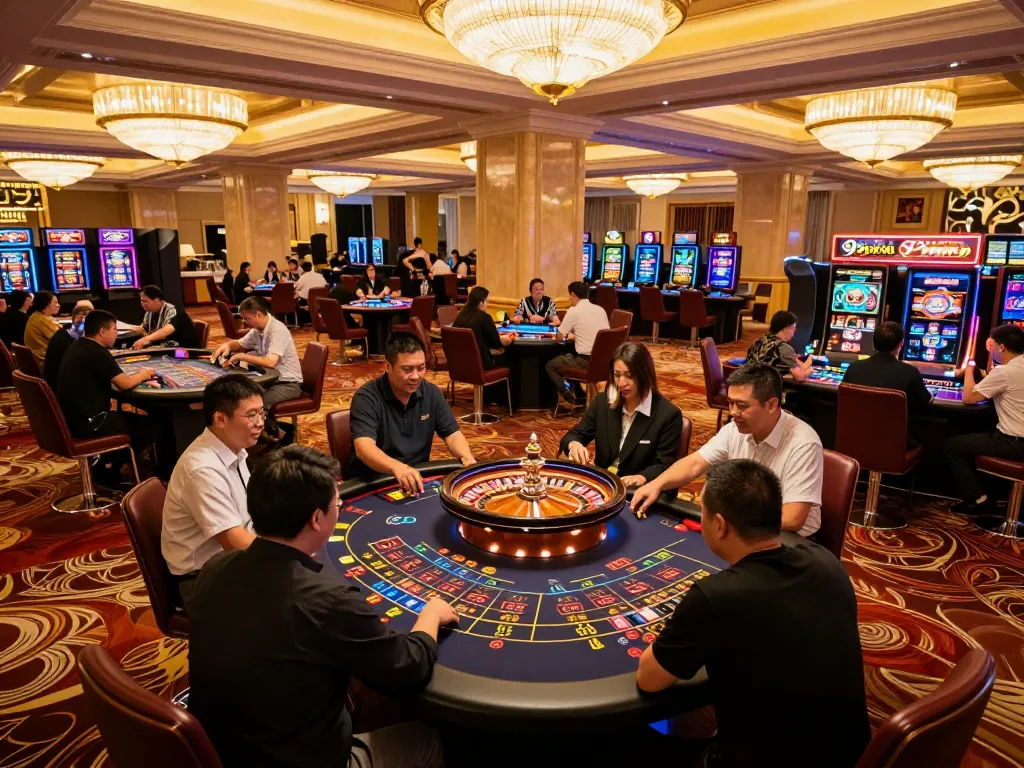 Experience thrilling gameplay at 98win's upscale casino with players focused on a roulette table.
